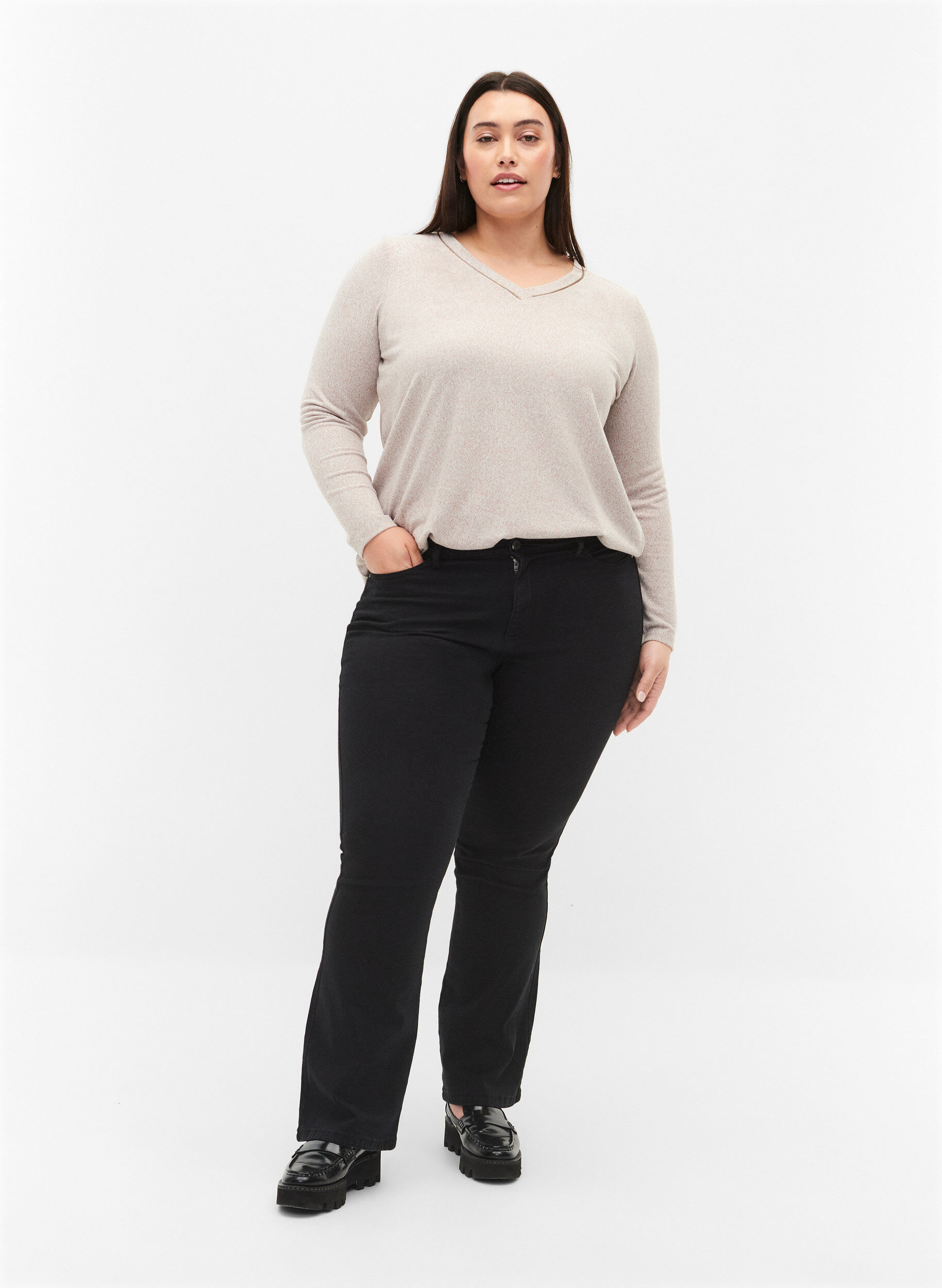 Zizzi Top with v-neck and long sleeves, Beige, Model image number 1