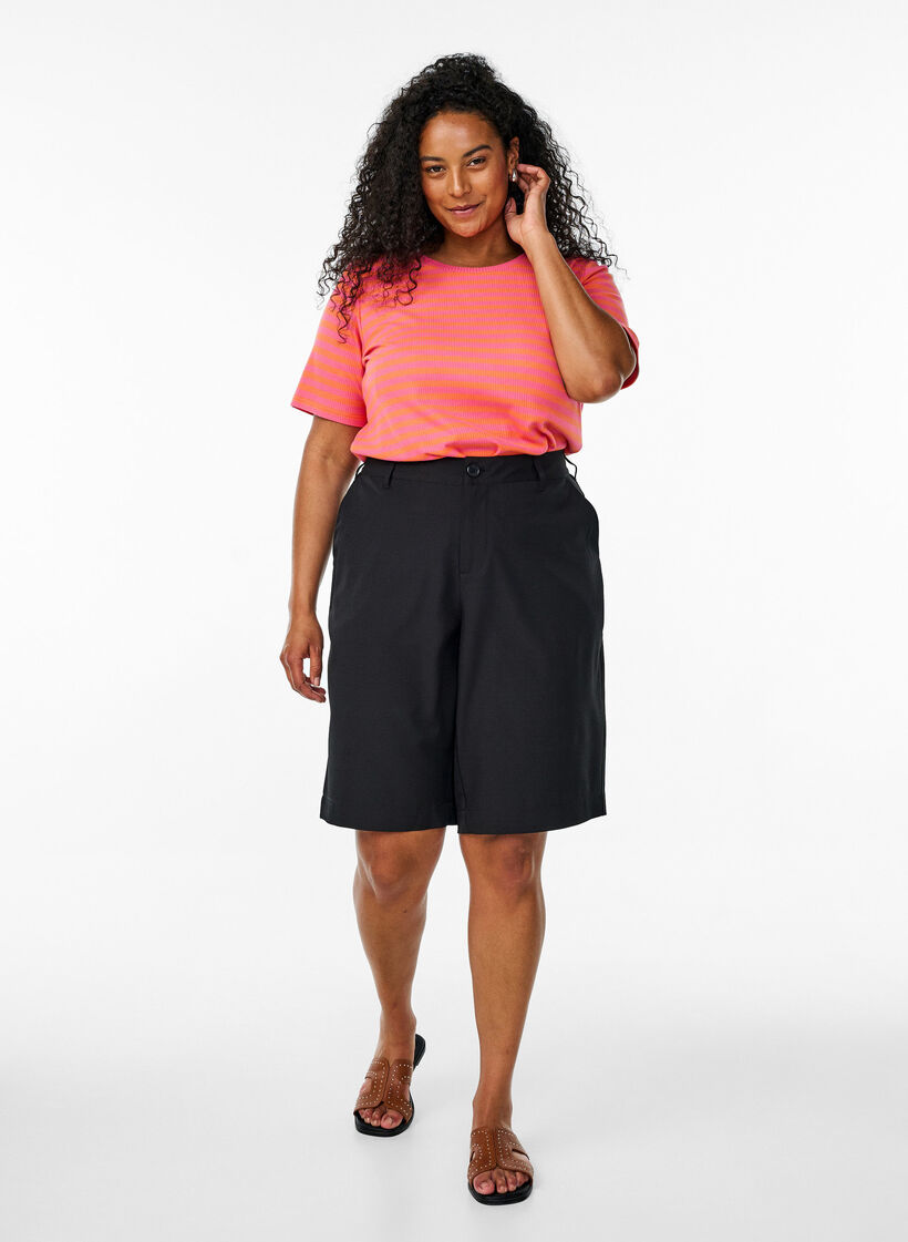 T-shirt w paski o prazkowanej fakturze, Czerwony, Model image number 1