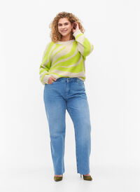 Proste jeansy z postrzepionymi nogawkami, Medium Blue, Model