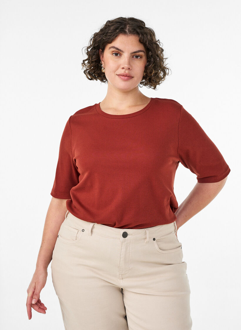 Bluzka z dzerseju w prazki z kr&oacute;tkim rekawem, Czerwony, Model image number 0