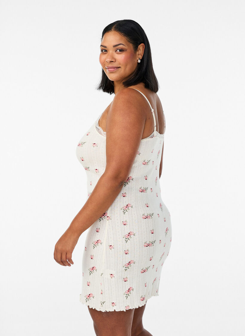 Szlafrok z cienkimi ramiaczkami i wzorem tekstylnym, Biały, Model image number 2