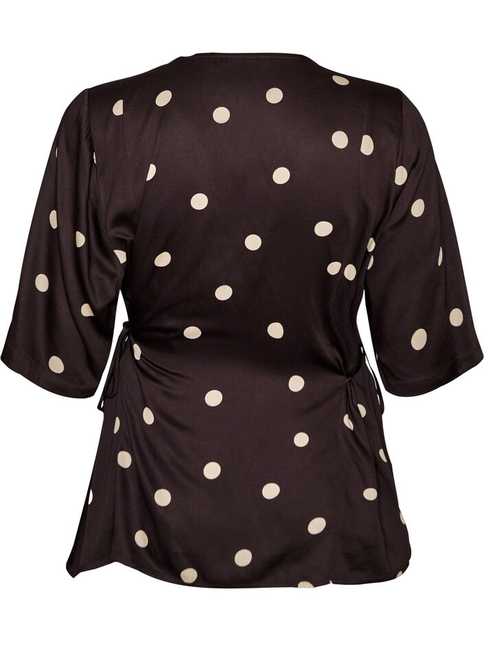 Bluzka z wiskozy Polka dot z dekoltem w ksztalcie litery V i wiazaniami, Brązowy, Packshot image number 1