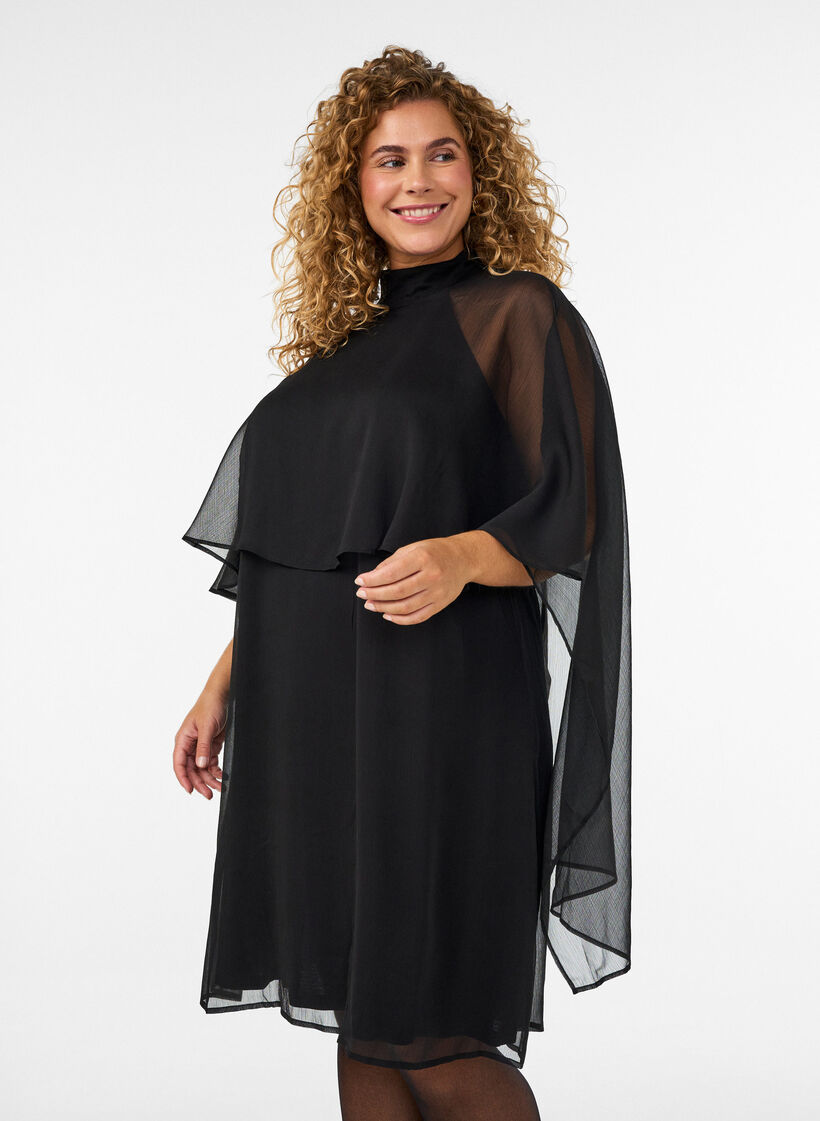 Szyfonowa sukienka do kolan z p&oacute;lprzezroczysta peleryna, Czarne, Model image number 0