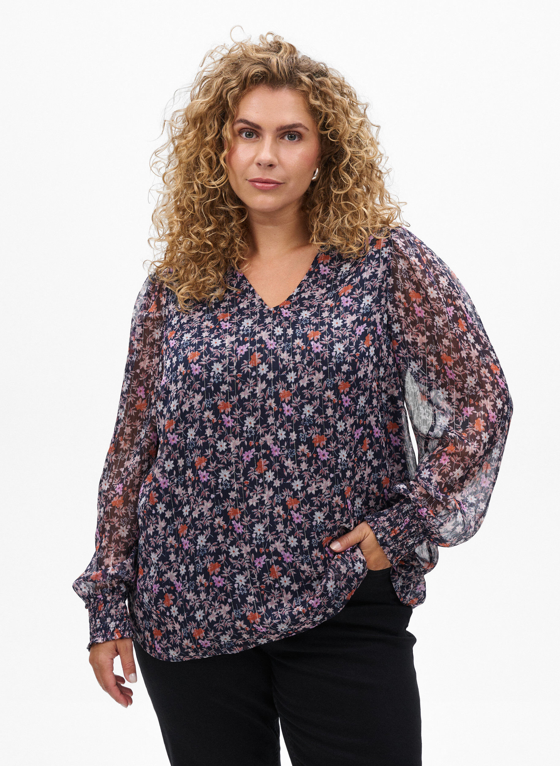 ZizziBluzka z kwiatowym nadrukiem i brokatowa nicia, Niebieskie, Model image number 0