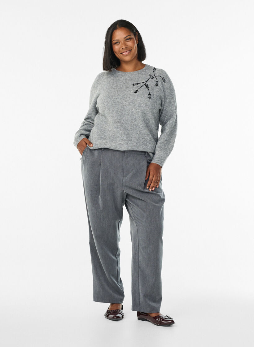 Sweter z haftem z perel, Szary, Model image number 1