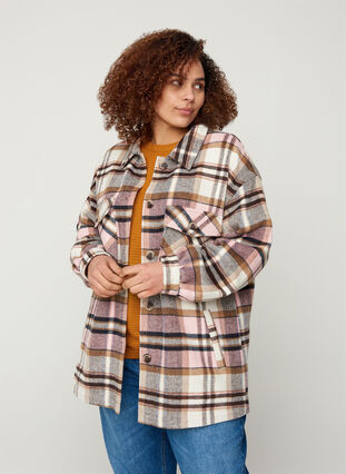 Checkered shirt jacket with chest pockets, Pink Check, Model image number 0