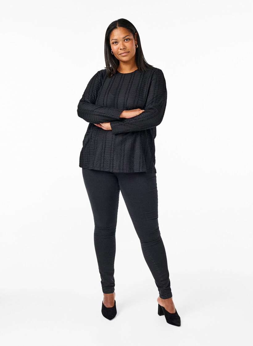 Bluzka z dlugimi rekawami i faktura, Black, Model image number 2