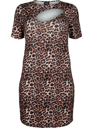 Dopasowana sukienka w panterke z wycieciem, Leopard AOP, Packshot image number 0