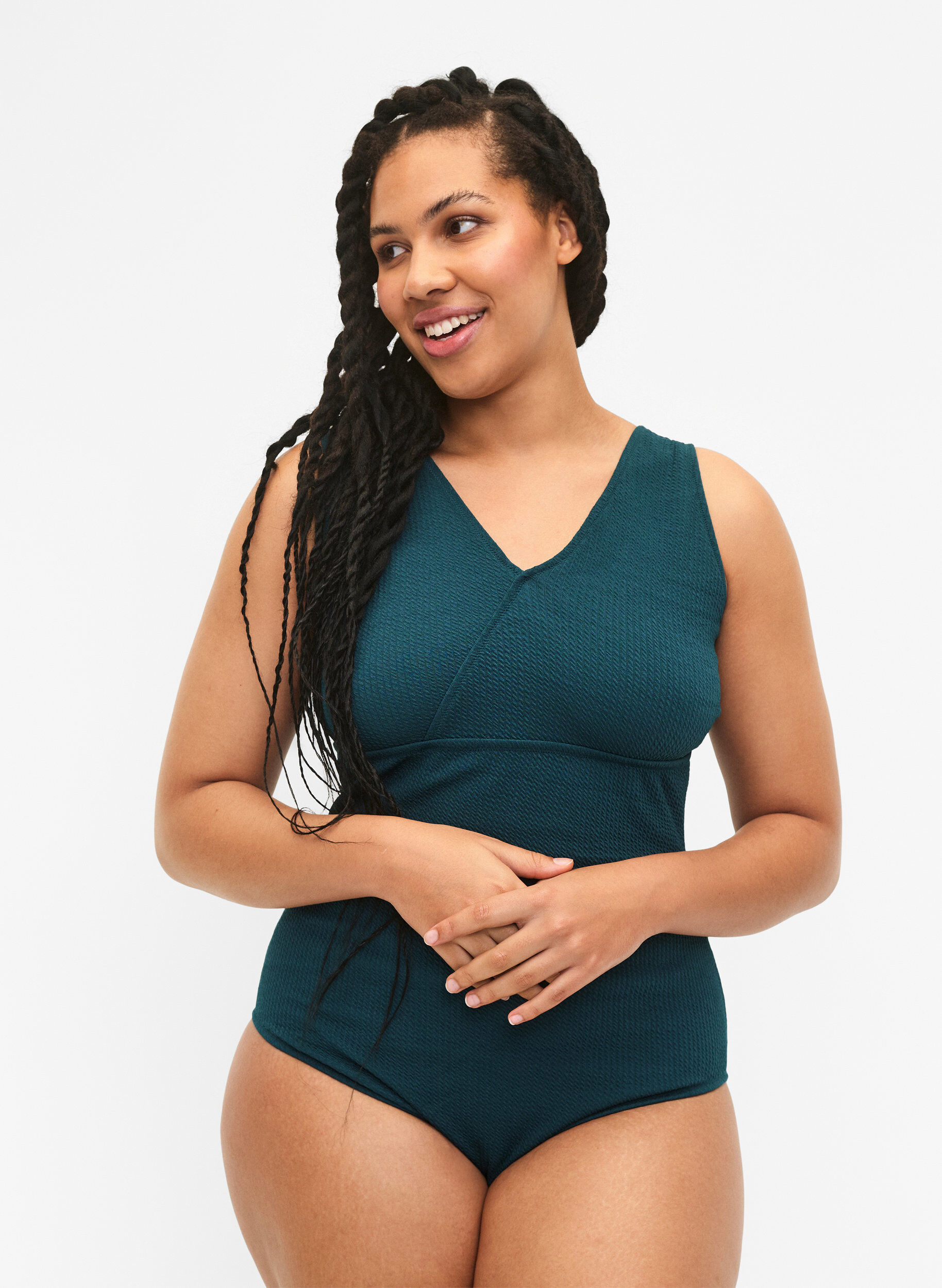 Zizzi Str&oacute;j kapielowy o fakturze krepy i efekcie zawijania, Dark Sea, Model image number 0