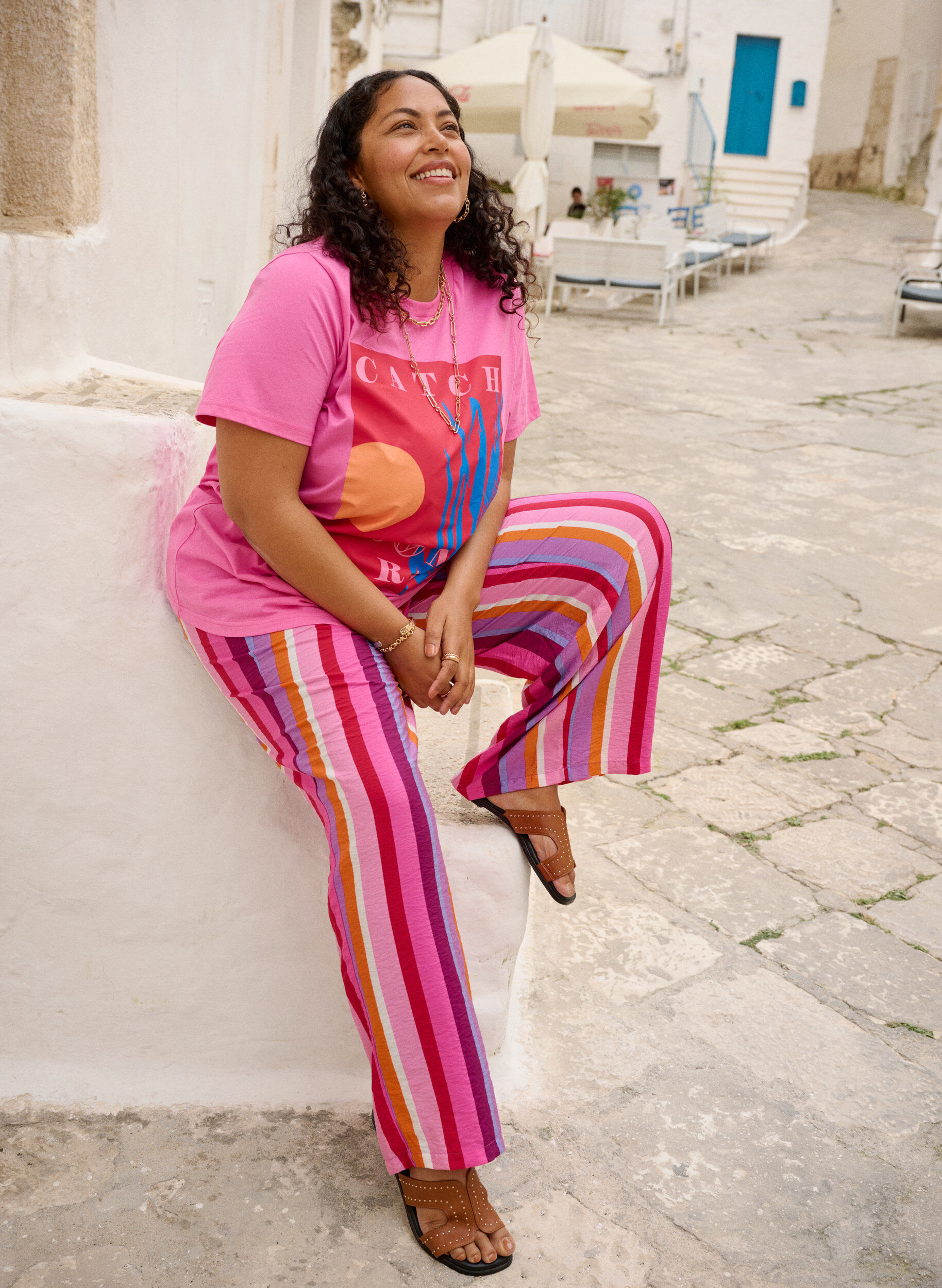 Zizzi Luzne wiskozowe spodnie w paski, R&oacute;żowy, Image image number 0