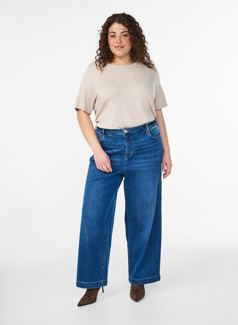 Dzianinowa bluzka z krótkim rekawem z wiskozy, Beżowy, Model image number 1