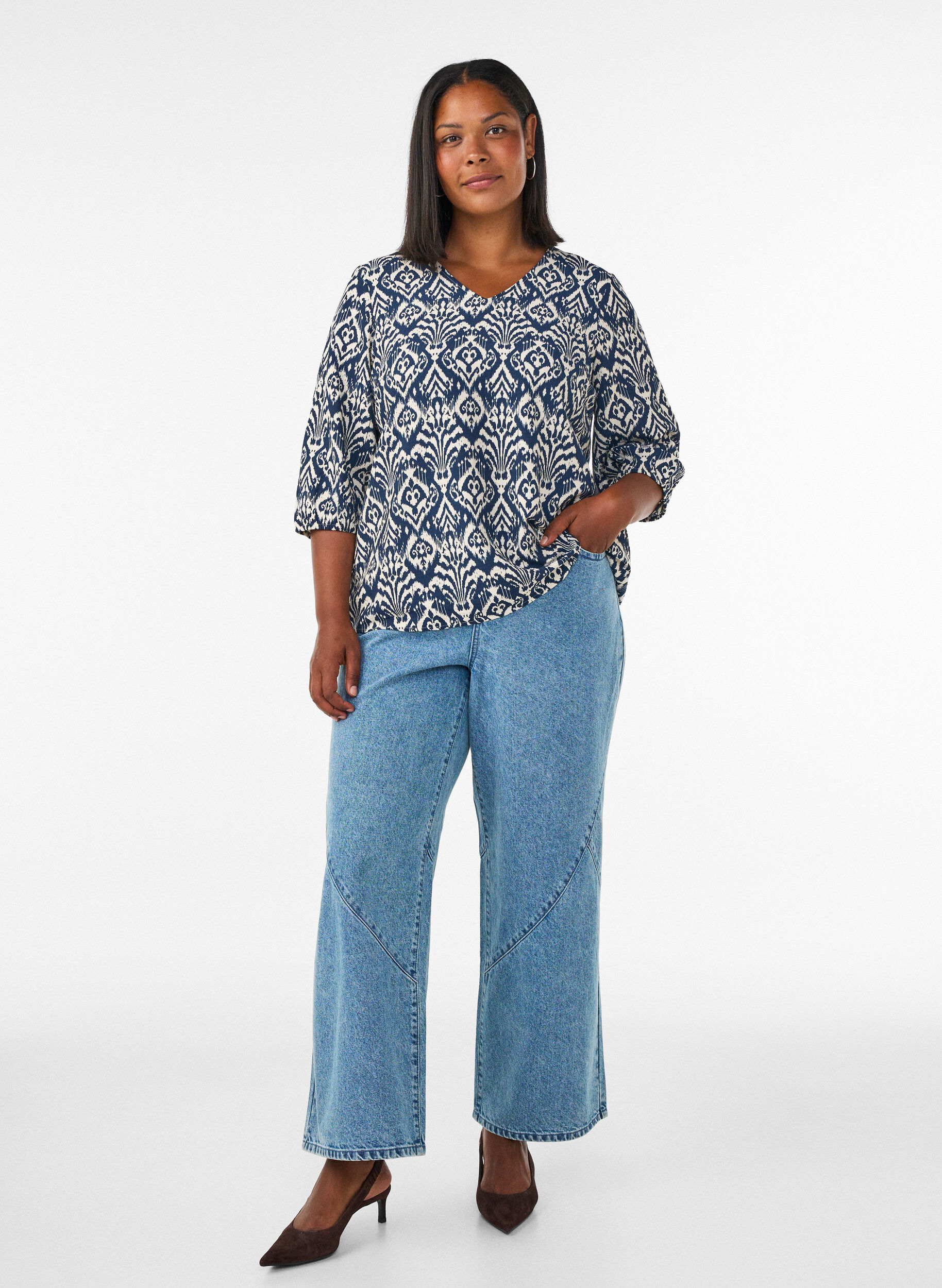 ZizziBluzka z wiskozy w krate z 3/4-sleeves, Niebieskie, Model image number 1