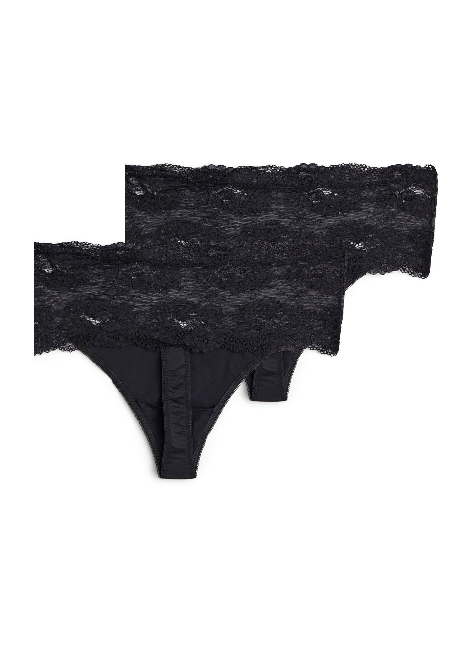 Zizzi2-pack stringi z szerokim koronkowym brzegiem, Czarne, Packshot image number 1