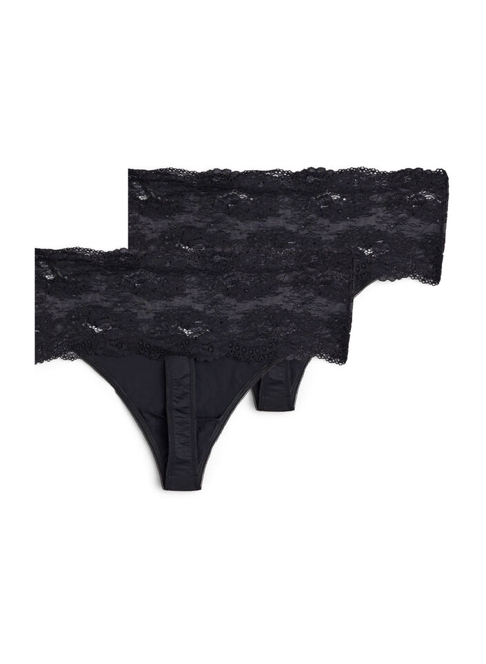 2-pack stringi z szerokim koronkowym brzegiem, Czarne, Packshot image number 1