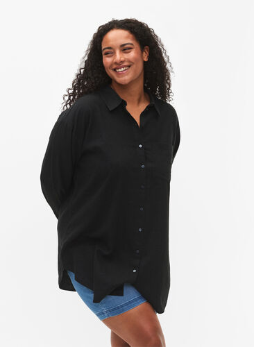 Koszula o przedluzonym kroju z mieszanki lnu i wiskozy, Black, Model image number 0