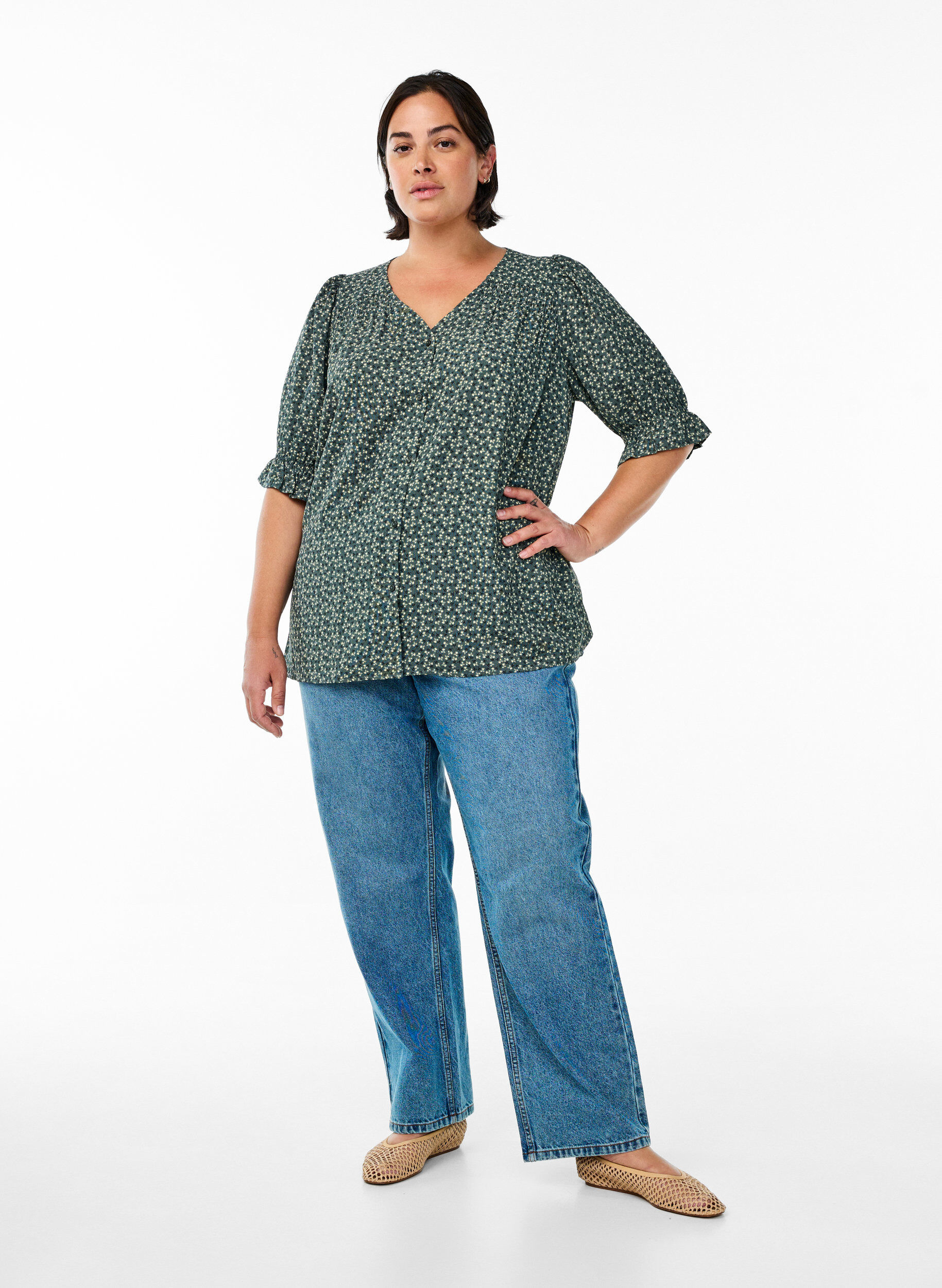 Zizzi Bluzka koszulowa z p&oacute;ldlugimi rekawami, Zielony, Model image number 1