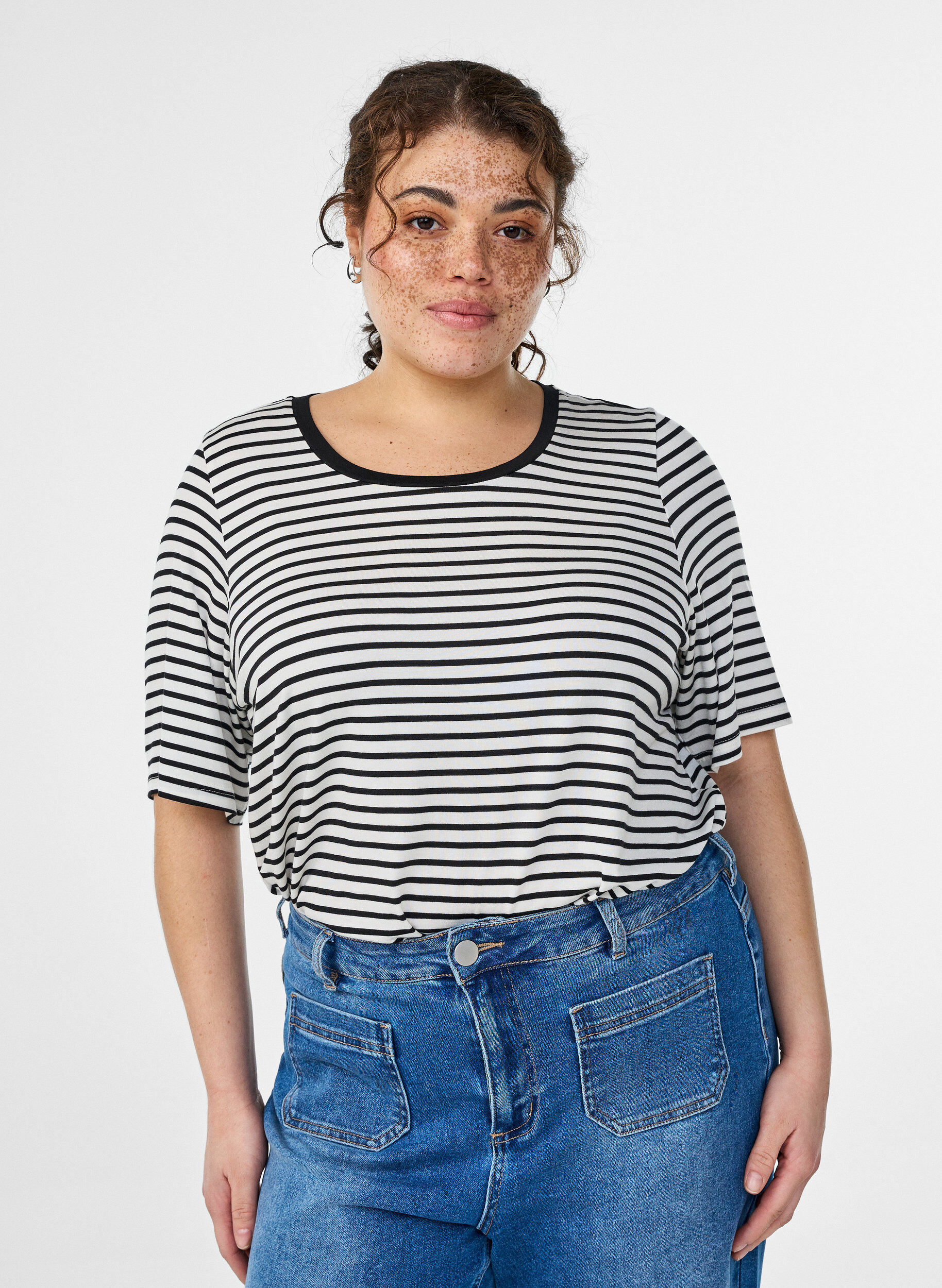 ZizziKoszulka z TENCEL&trade; Lyocell i paskami, Biały, Model image number 0