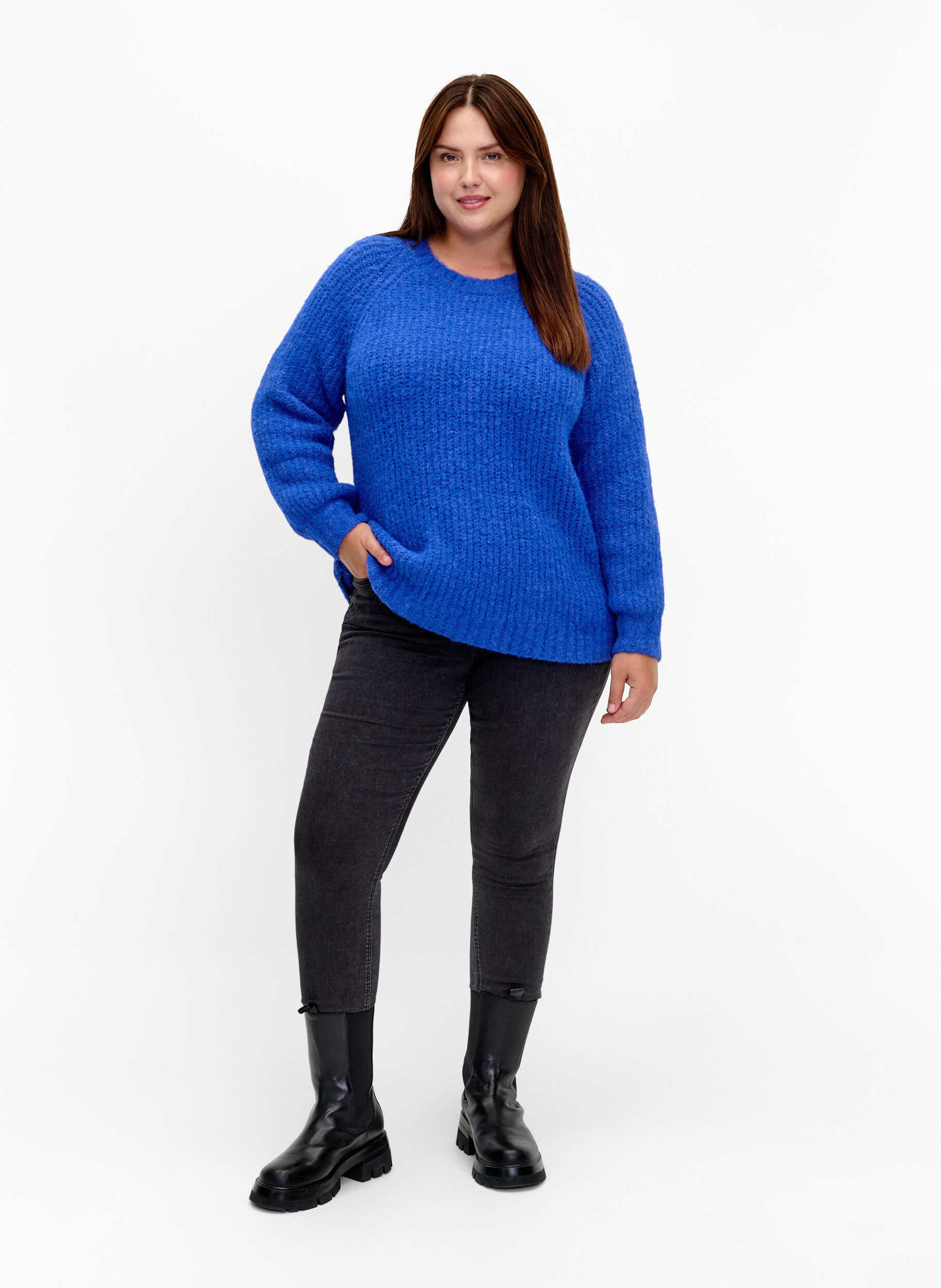 Zizzi Dzianinowy sweter z welna i raglanowymi rekawami, Princess Blue, Model image number 2