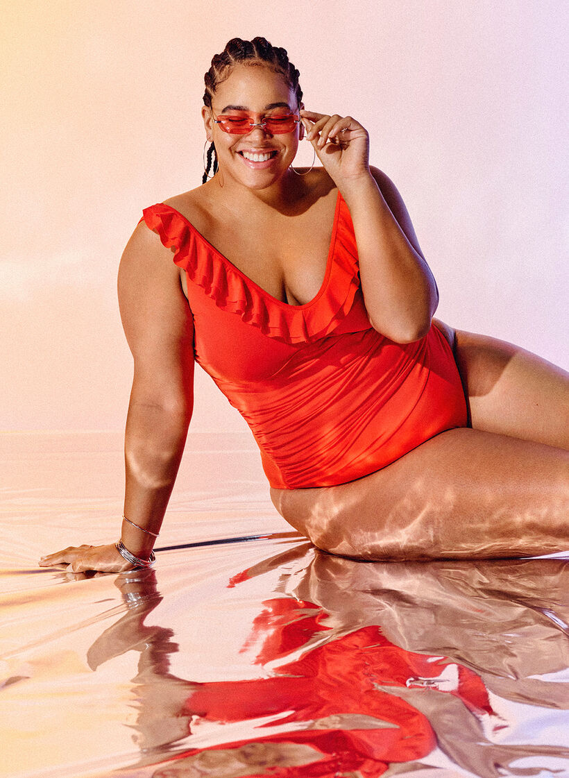 Str&oacute;j kapielowy z falbankami i wyjmowanymi wkladkami, Pomarańczowy, Image image number 0