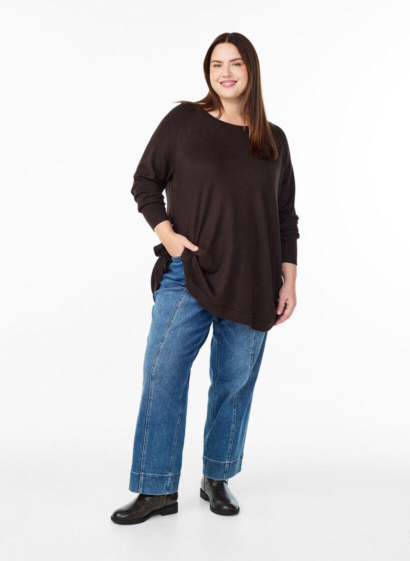 Dzianinowa bluzka z guzikami po bokach, Brązowy, Model image number 1