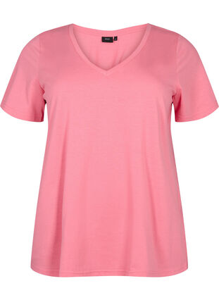 T-shirt z krótkim rekawem i dekoltem w szpic, Bubblegum Pink, Packshot image number 0