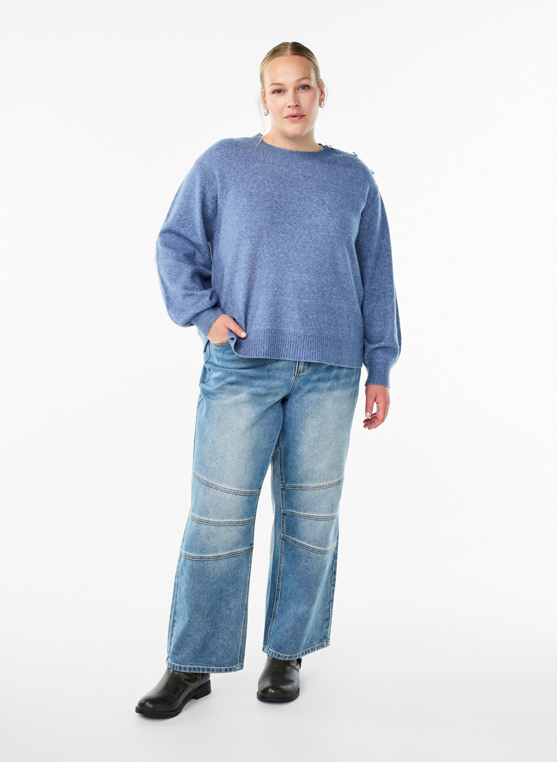 Zizzi Bluzka dzianinowa z ozdobnym guzikiem, Niebieskie, Model image number 1