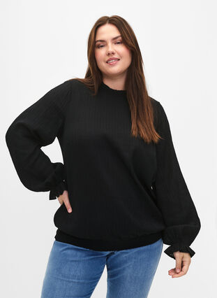 Plisowana bluzka z marszczeniami i faktura, Black, Model image number 0
