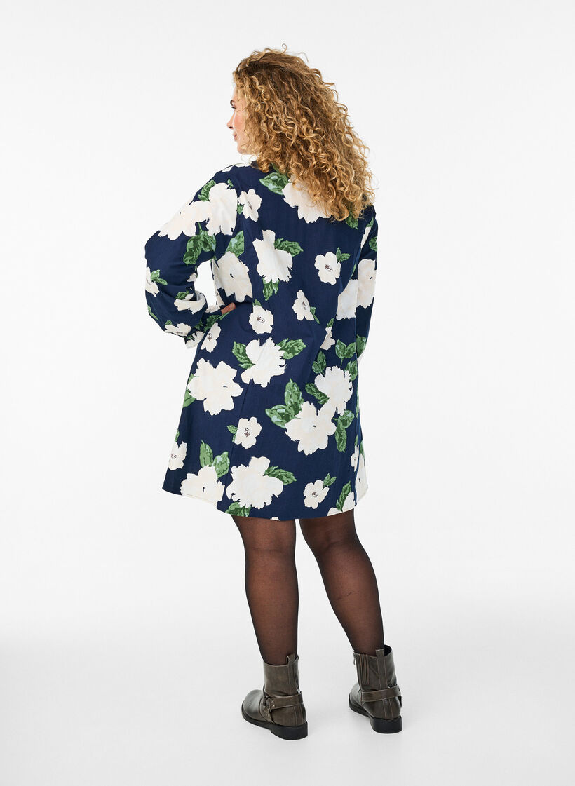 Krótka bawelniana sukienka z dekoltem w szpic i dlugimi rekawami, Niebieskie, Model image number 2