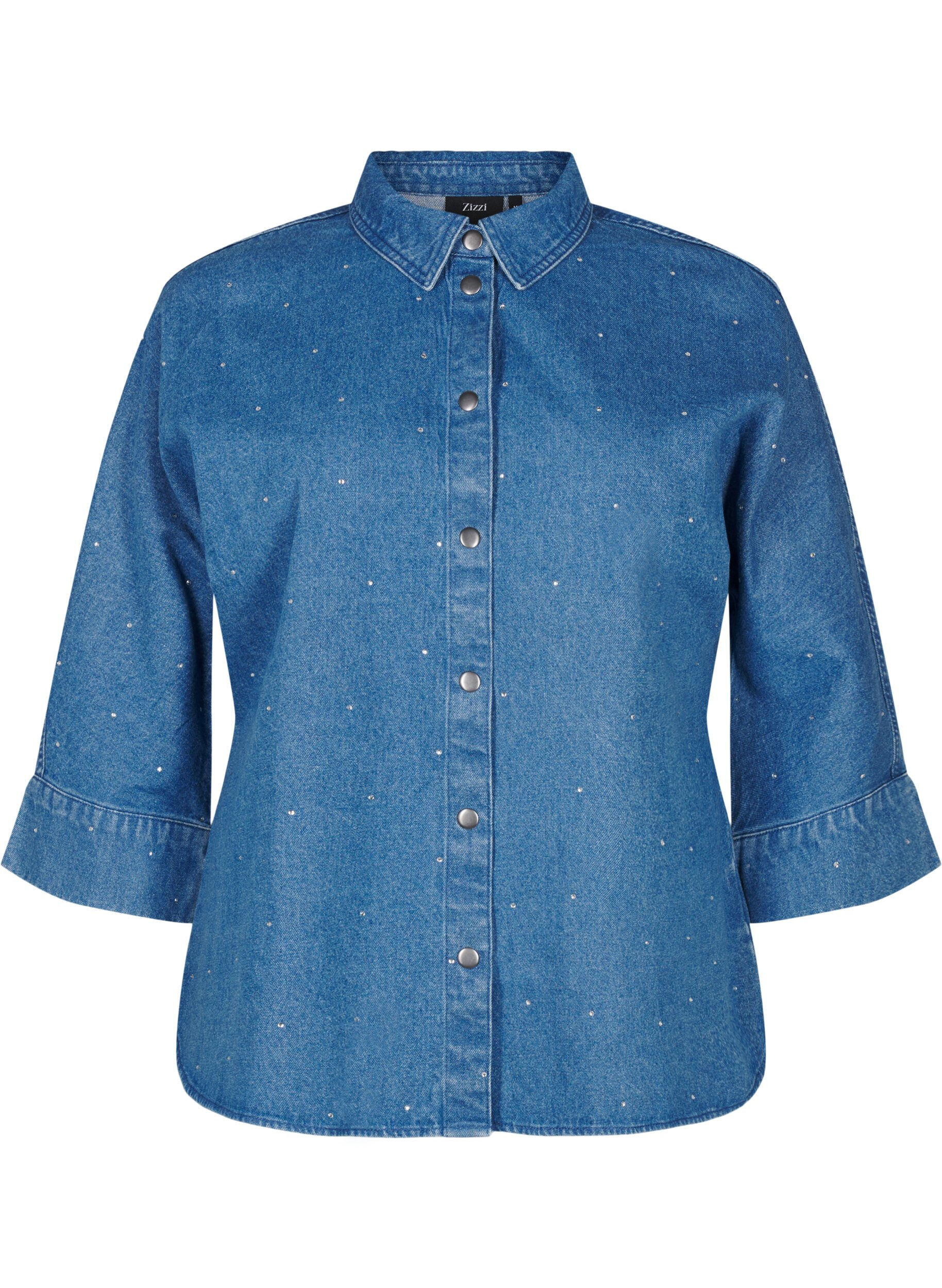 Zizzi Dzinsowa koszula z&nbsp;krysztalkami i&nbsp;rekawami 3/4, Bl. Denim Rhinestone, Packshot image number 0