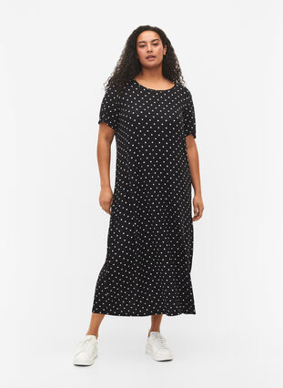 Wiskozowa sukienka midi z krótkim rekawem, Black Dot, Model image number 0