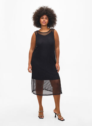Siateczkowa sukienka bez rekawów z rozcieciem, Black, Model image number 0