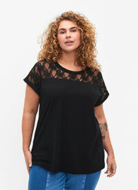 Bawelniana koszulka z krótkim rekawem i koronka, Black, Model