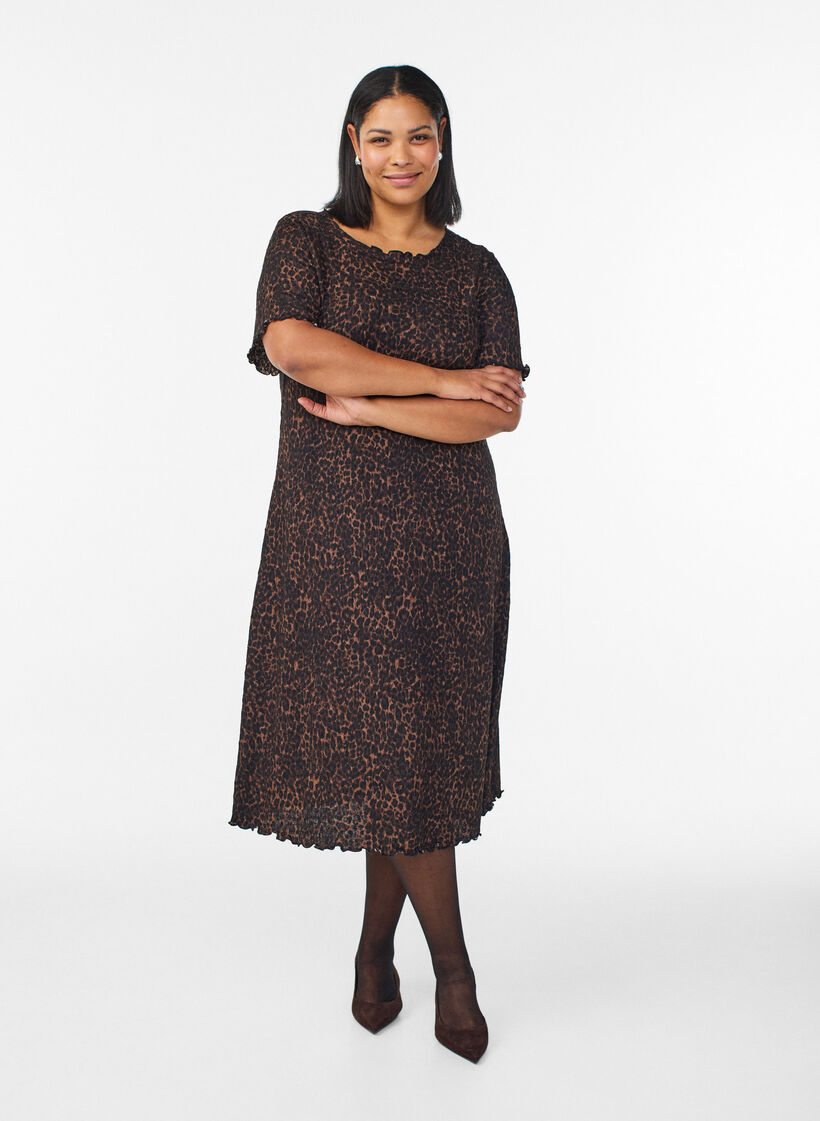 Sukienka midi z kr&oacute;tkim rekawem o fakturowanej strukturze, Brązowy, Model image number 0