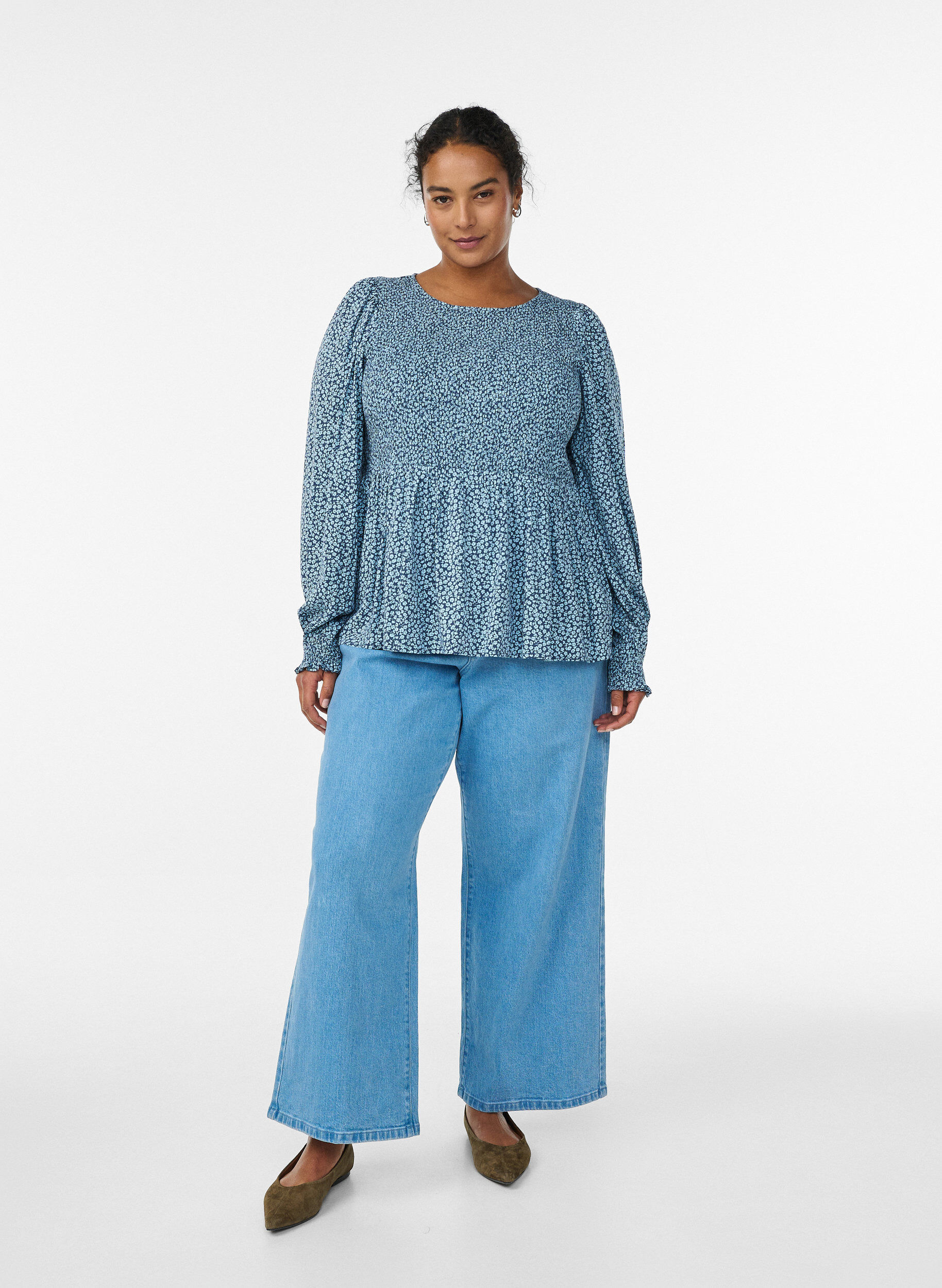 Zizzi Bluzka z marszczonym stanikiem i nadrukiem kwiatowym, Niebieskie, Model image number 1