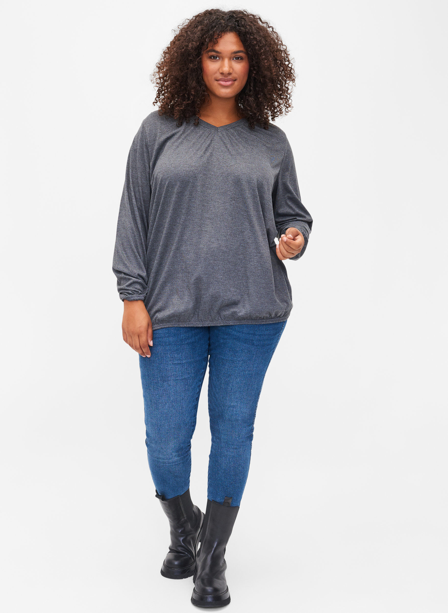 Zizzi Melange top with long sleeves and v cutting, Dark Grey Melange, Model image number 2