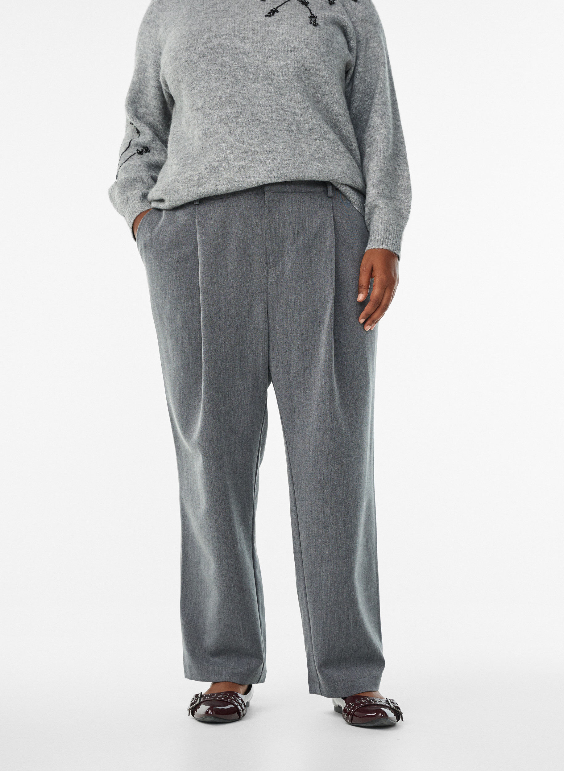 Zizzi Dopasowane spodnie z wysokim stanem i prostymi nogawkami, Ciemnoszary, Model image number 2