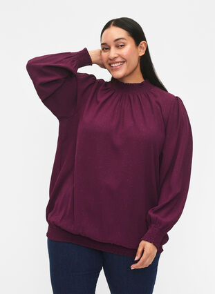 FLASH – brokatowa bluzka z dlugim rekawem i marszczeniami, Purple w. Silver, Model image number 0