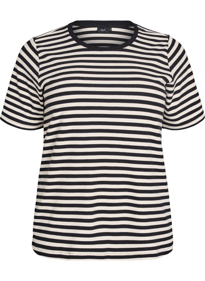 T-shirt w paski o prazkowanej fakturze, Czarne, Packshot image number 0
