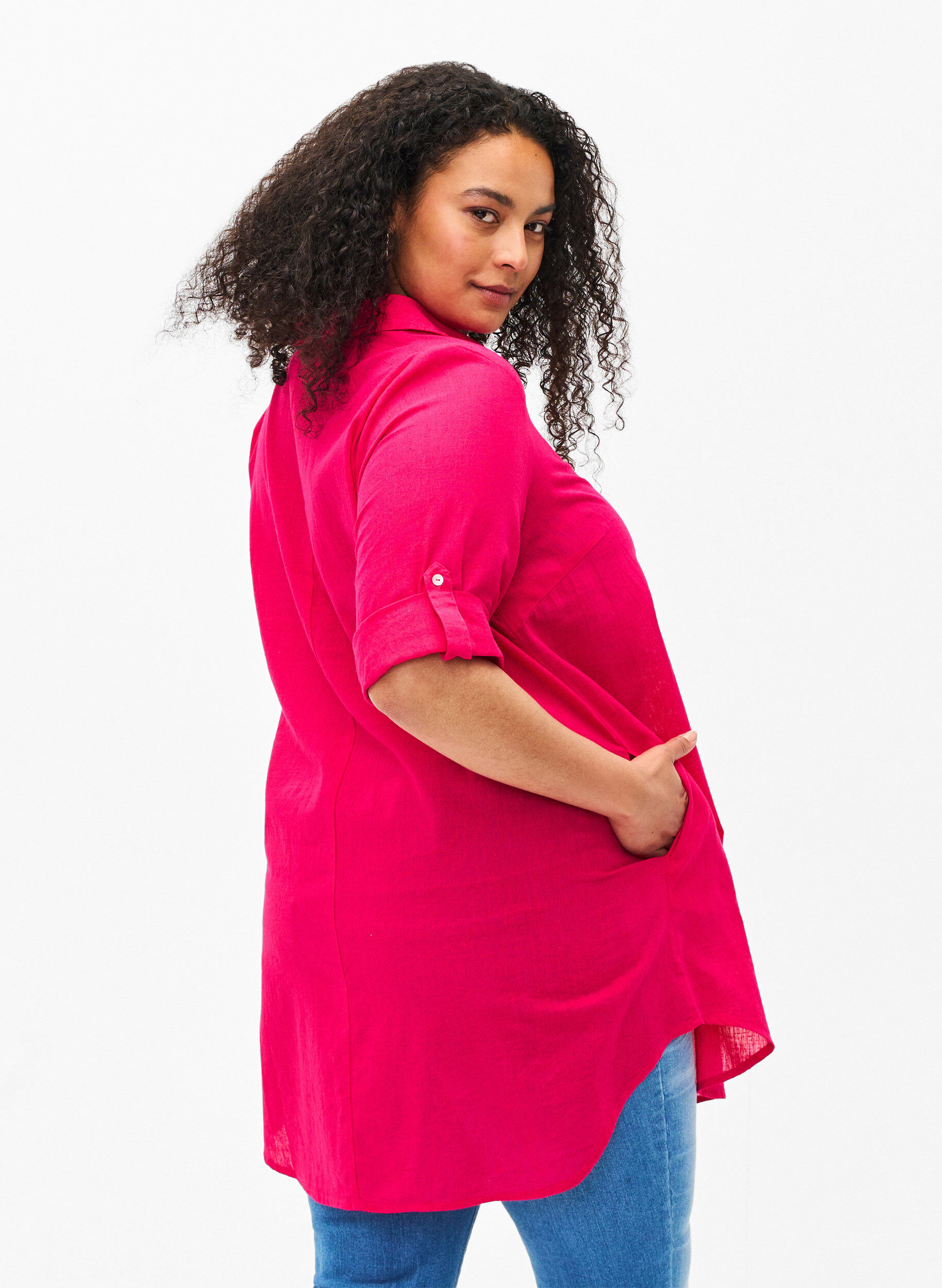 Zizzi Tunika z kr&oacute;tkim rekawem, wykonana z mieszanki bawelny i lnu, Bright Rose, Model image number 1