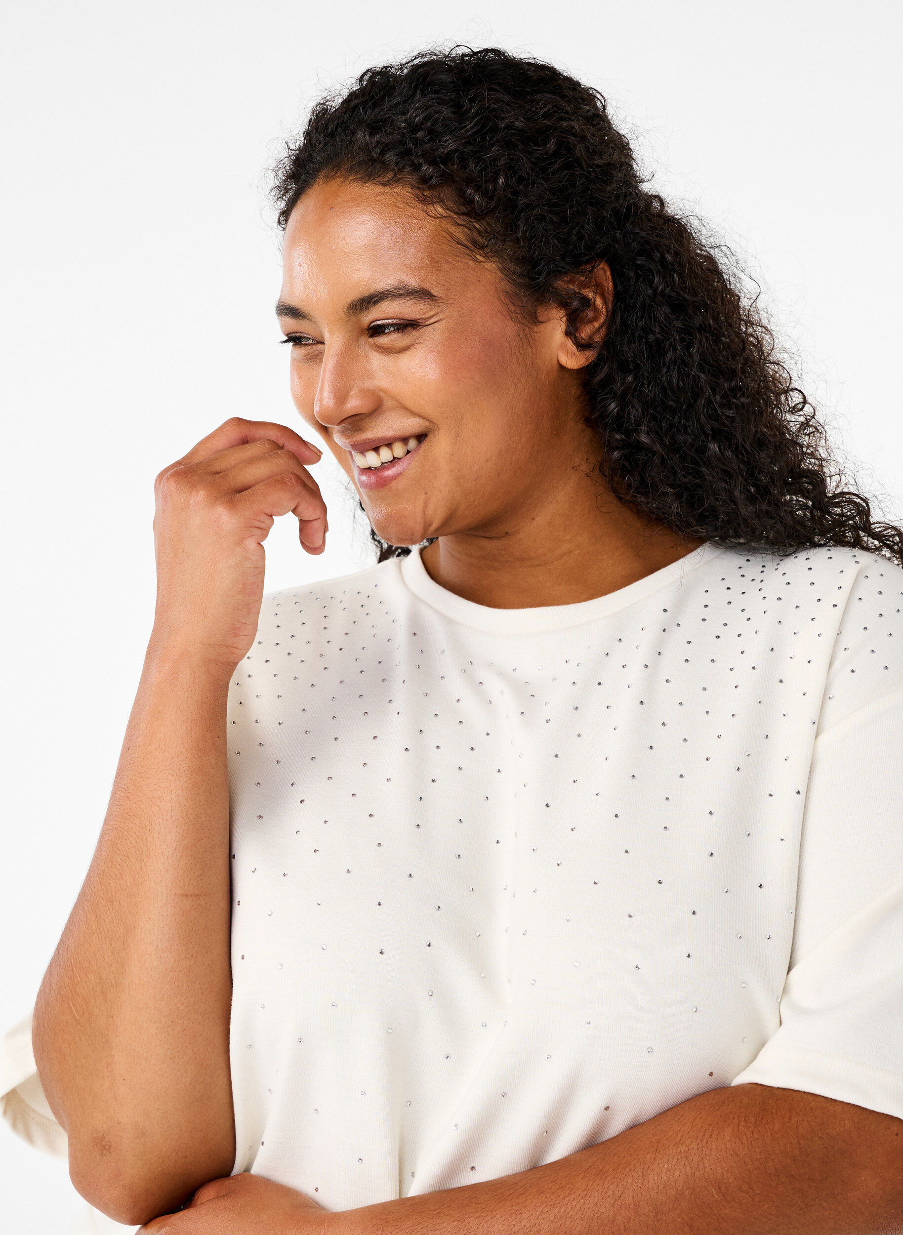 Zizzi T-shirt z dzetami i okraglym dekoltem, Biały, Model image number 3