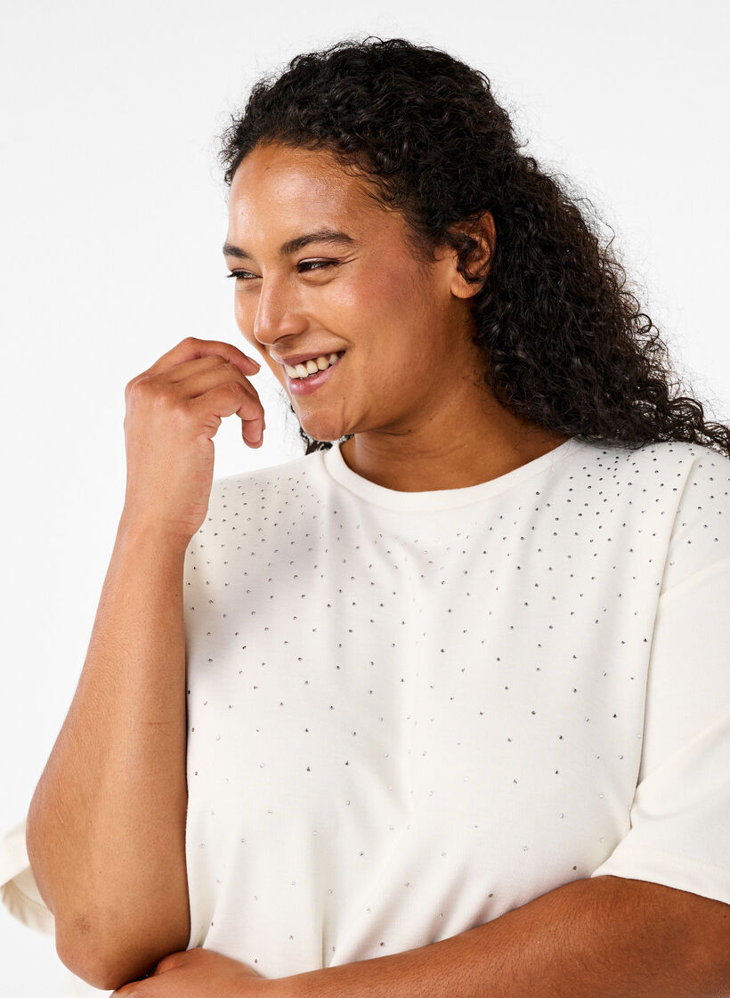 T-shirt z dzetami i okraglym dekoltem, Biały, Model image number 3