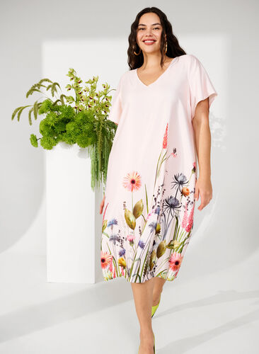 Sukienka midi z nadrukiem w kwiaty i krótkimi rekawami, White Sand, Image image number 0