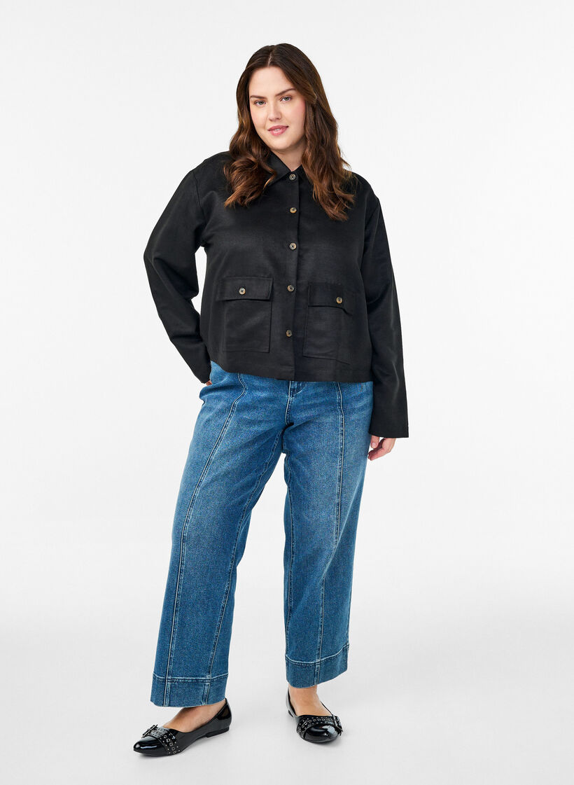 Krótka kurtka ze sztucznego zamszu z kieszeniami, Czarne, Model image number 1