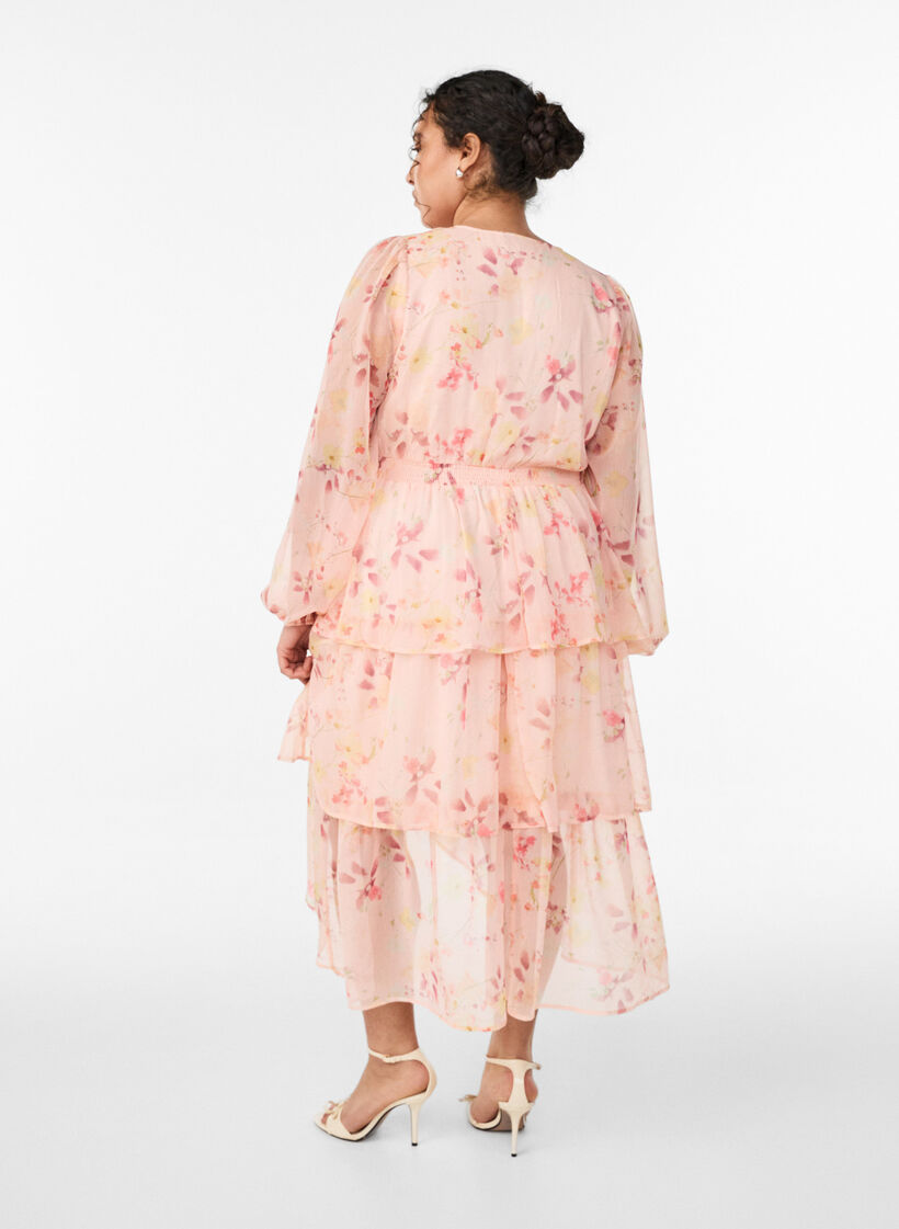 Kwiatowa sukienka midi ze szifonem i marszczona talia, Pomarańczowy, Model image number 1