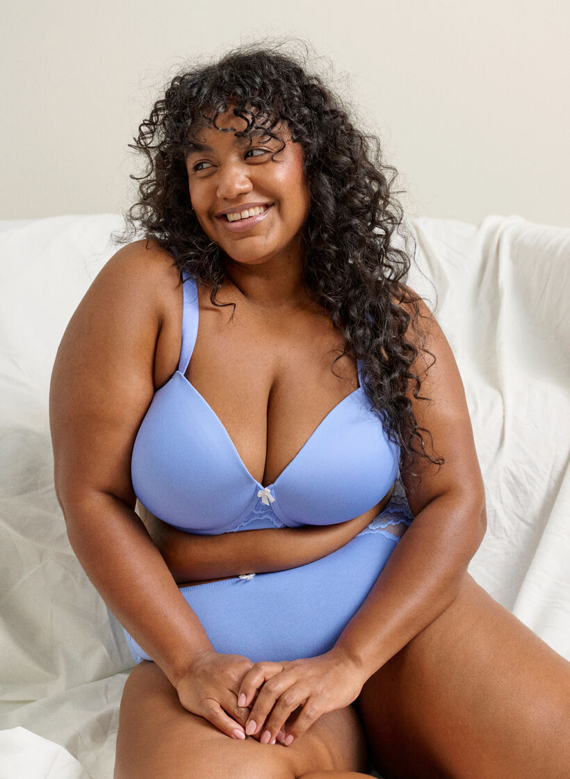 Formowany biustonosz z mikrofibry z koronkowym detalem i kokardka, Niebieskie, Image image number 0