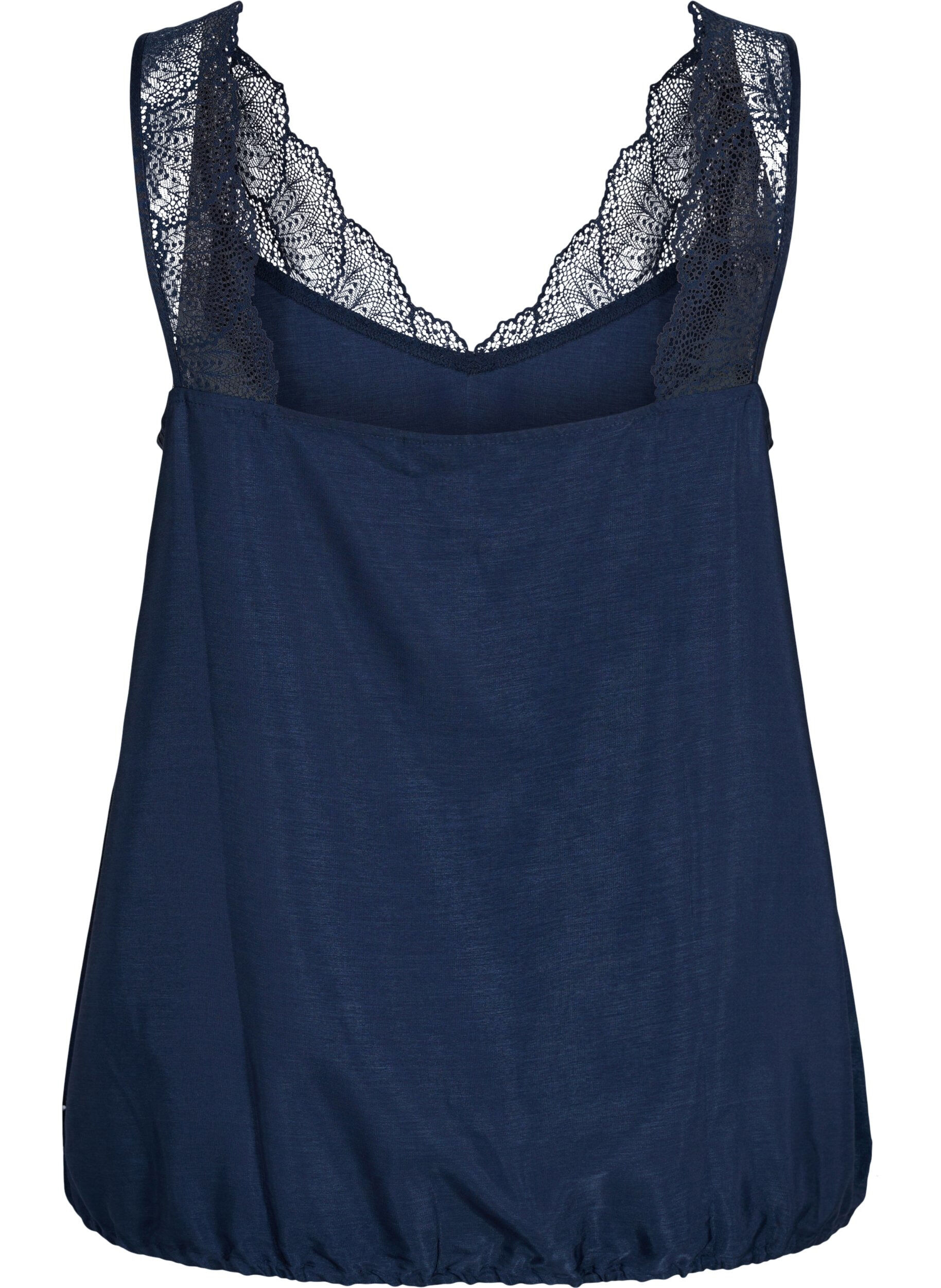 Zizzi Top with lace and an elasticated hem , Navy Blazer, Packshot image number 1