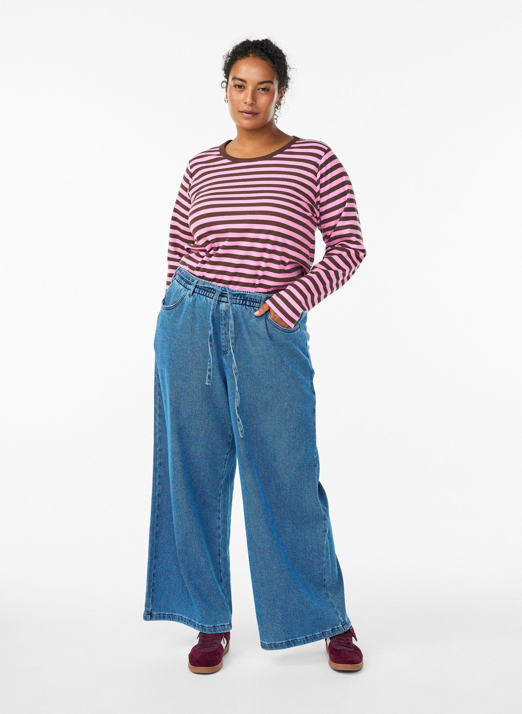 Zizzi Bluzka w paski z dlugim rekawem, Ciemnobordowy, Model image number 1