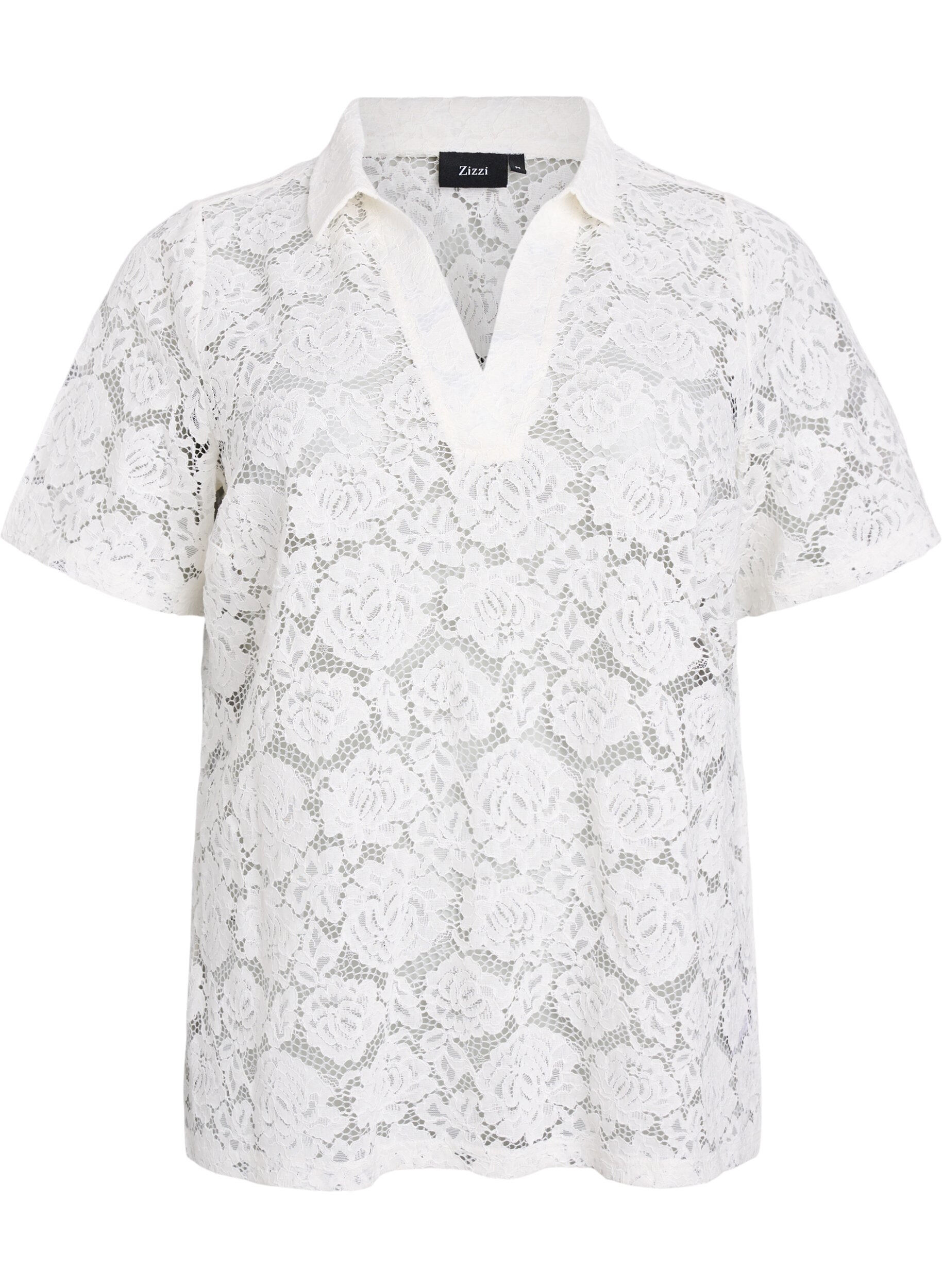 Zizzi Koronkowa bluzka z kolnierzykiem i dekoltem w szpic, Biały, Packshot image number 0