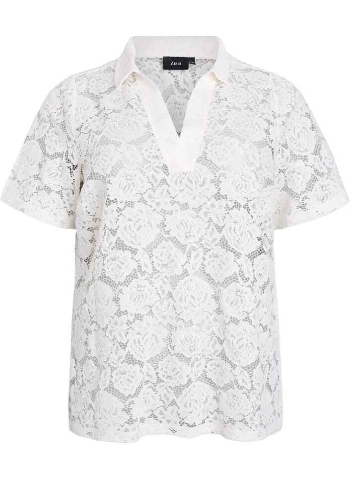 Koronkowa bluzka z kolnierzykiem i dekoltem w szpic, Biały, Packshot image number 0