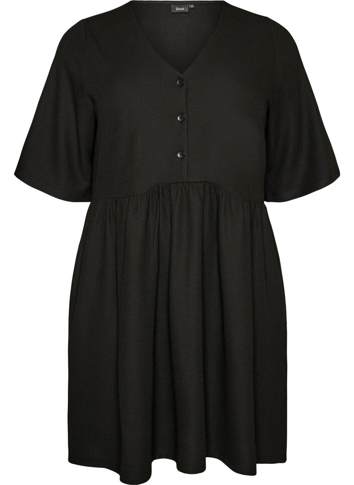 Sukienka o prazkowanej fakturze i kroju empire, Czarne, Packshot image number 0